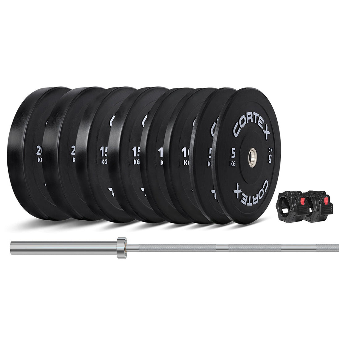 Cortex 120kg Black Series V3 Bumper Plate Set Incl. SPARTAN205 Hard Chrome 7ft 20kg Olympic Barbell
