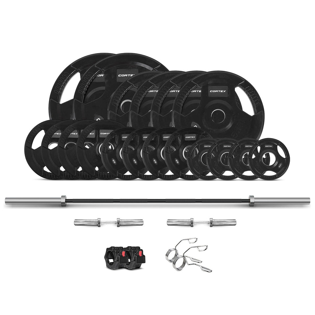 Cortex 145kg Tri-Grip V2 50mm Rubber Olympic Plate Set Incl. SPARTAN100 20kg Olympic Barbell + Olympic Dumbbell Handles + Lockjaw Collars