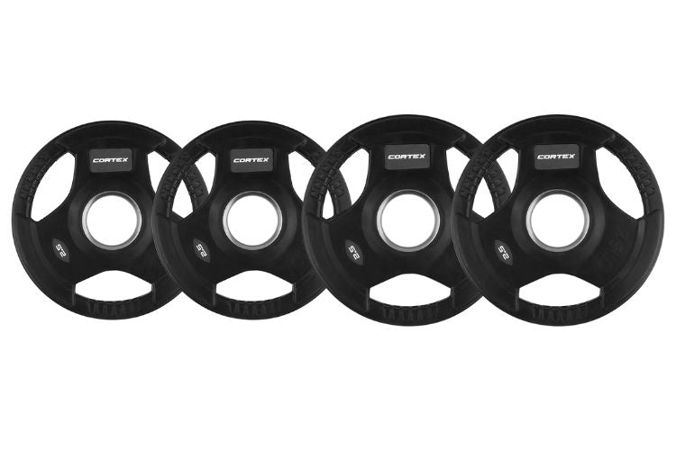 Cortex 145kg Tri-Grip V2 50mm Rubber Olympic Plate Set Incl. SPARTAN100 20kg Olympic Barbell + Olympic Dumbbell Handles + Lockjaw Collars