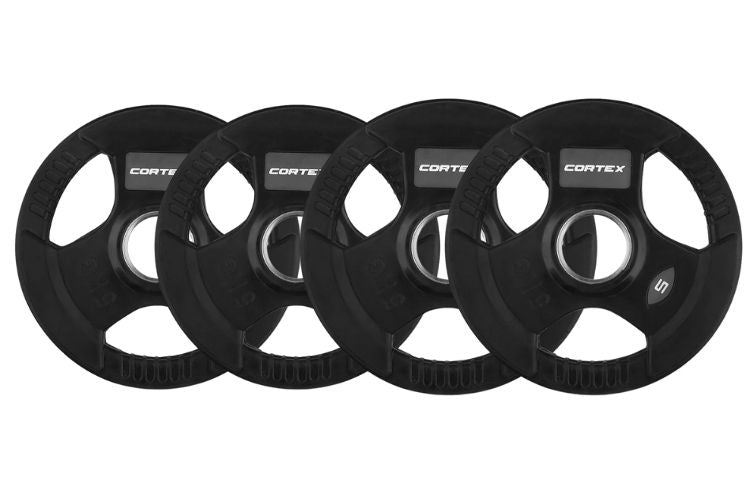 Cortex 145kg Tri-Grip V2 50mm Rubber Olympic Plate Set Incl. SPARTAN100 20kg Olympic Barbell + Olympic Dumbbell Handles + Lockjaw Collars