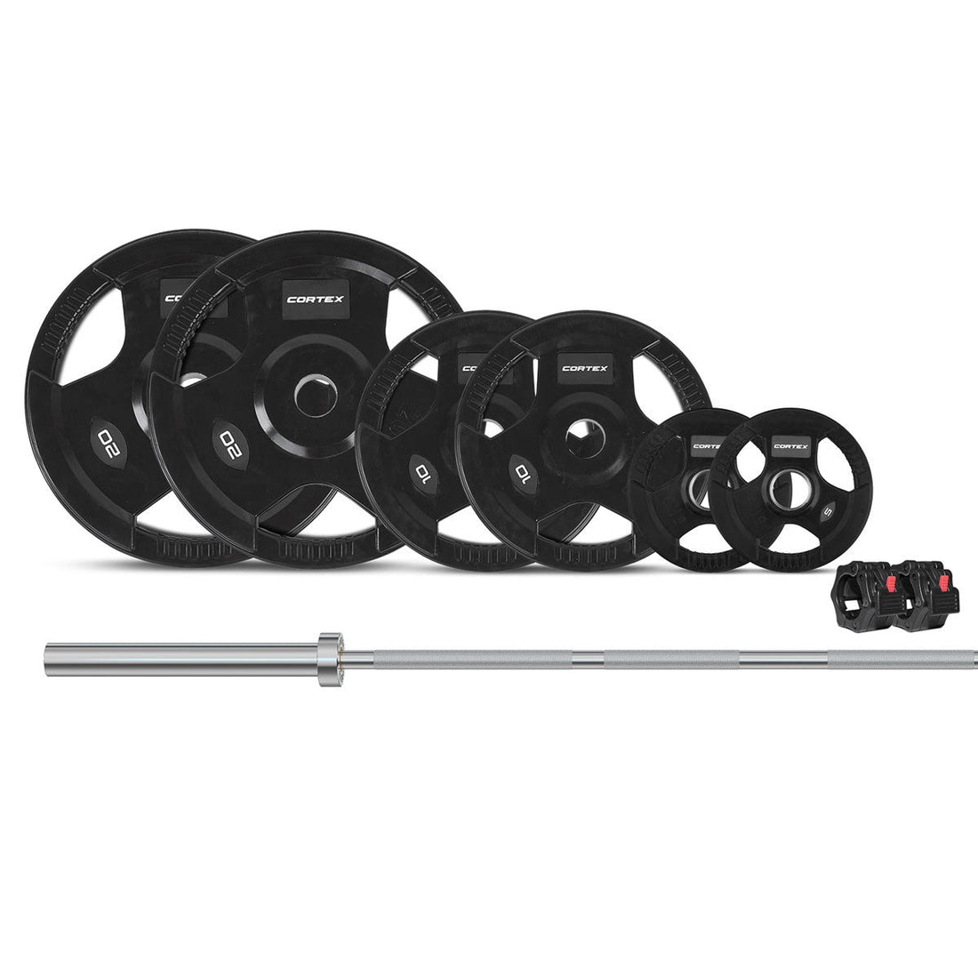 Cortex 90kg Tri-Grip V2 50mm Rubber Olympic Plate Set Incl. SPARTAN100 20kg Olympic Barbell + Lockjaw Collars