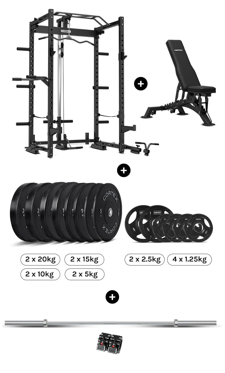 CORTEX PR-4 Foldable Squat & Power Rack Package (Set C) with BN-9 FID Bench + 130kg Olympic Bumper Plate & Barbell Set