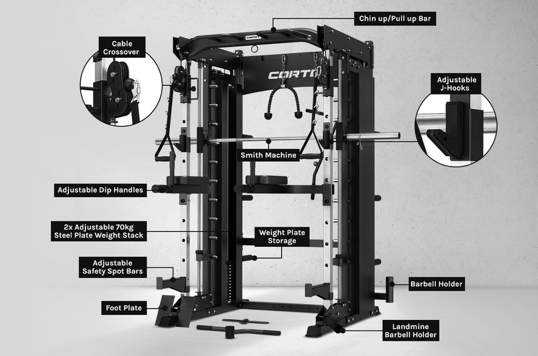 CORTEX SM-26 6-In-1 Power Rack with Dual Stack Smith & Cable Machine Package (Set D) + 48kg Revolock V2 Adjustable Dumbbells + 100kg Tri-Grip V2 Plate & Barbell Package
