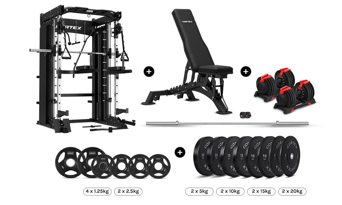 CORTEX SM-26 6-In-1 Power Rack with Dual Stack Smith & Cable Machine Package (Set E) + 48kg Revolock V2 Adjustable Dumbbells + 130kg Pro Bumper Plate & Barbell Package