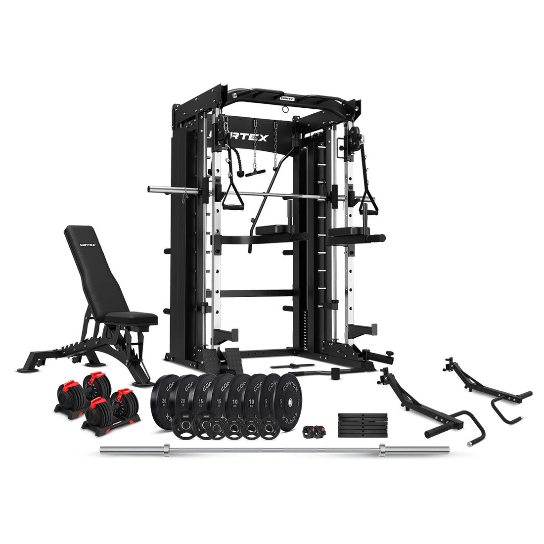 CORTEX SM-26 6-In-1 Power Rack with Dual Stack Smith & Cable Machine Ultimate Package (Set F) + 48kg Revolock V2 Adjustable Dumbbells + 130kg Pro Bumper Plate & Barbell Package