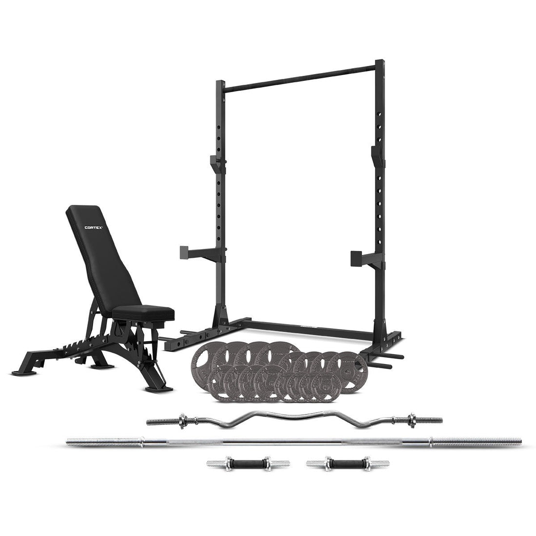 CORTEX SR3 Squat Rack Package (Set G) with 90kg Standard Tri-Grip Weight Plate & Barbells Set + BN-9 Adjustable FID Bench