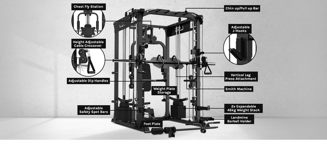 LSG GRK200 10-in-1 Home Gym Station, Power Rack, Smith Machine and Cable Crossover + 90kg Olympic Barbell & Bumper Plate Package