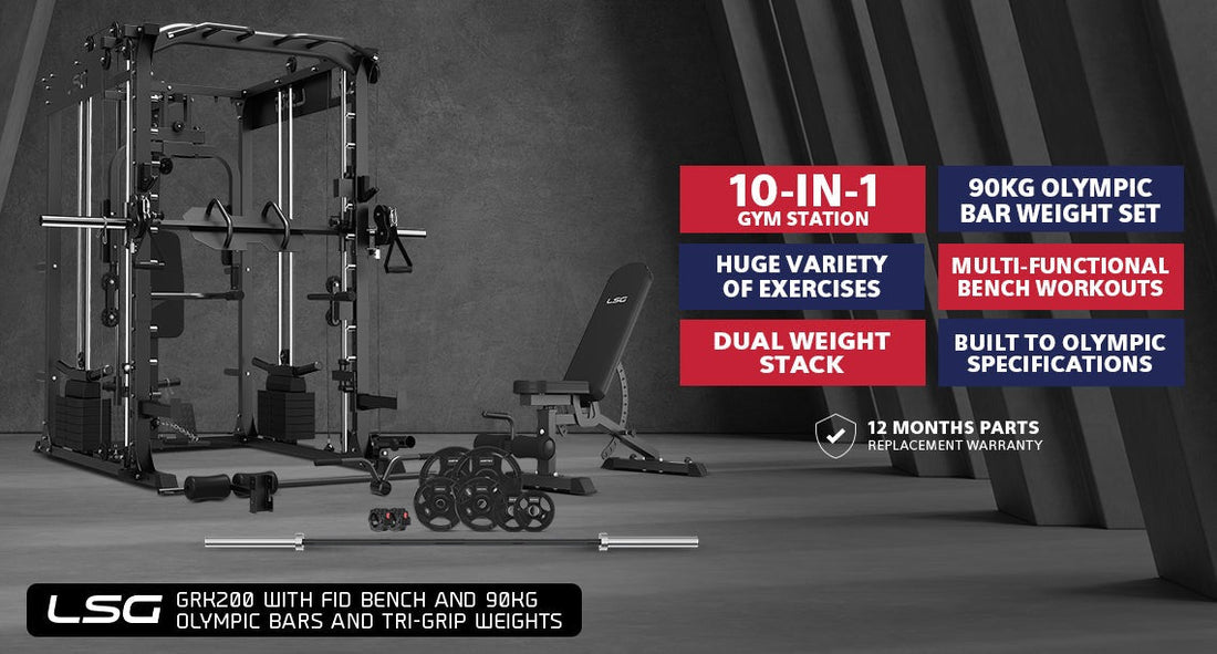 LSG GRK200 10-in-1 Home Gym Station, Power Rack, Smith Machine and Cable Crossover + 90kg Olympic Barbell Weight Plate Set