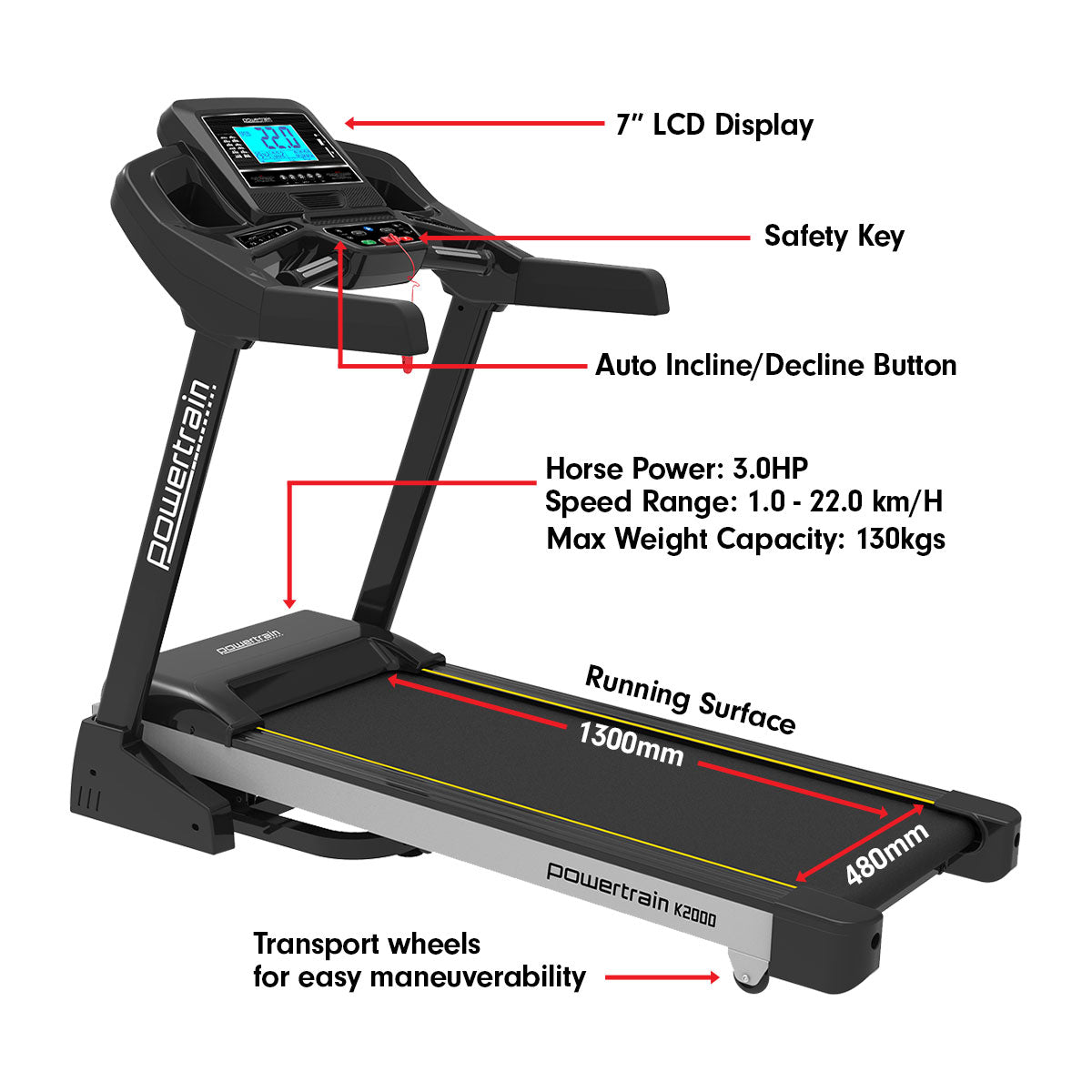 Powertrain K2000 Treadmill w/ Fan &amp; Auto Incline Speed 22km/h