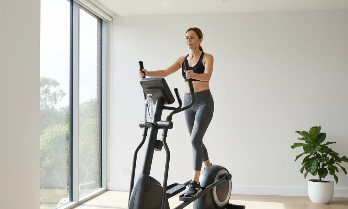 Woman mid-stride on a modern cross trainer in a bright Australian home gym with natural light