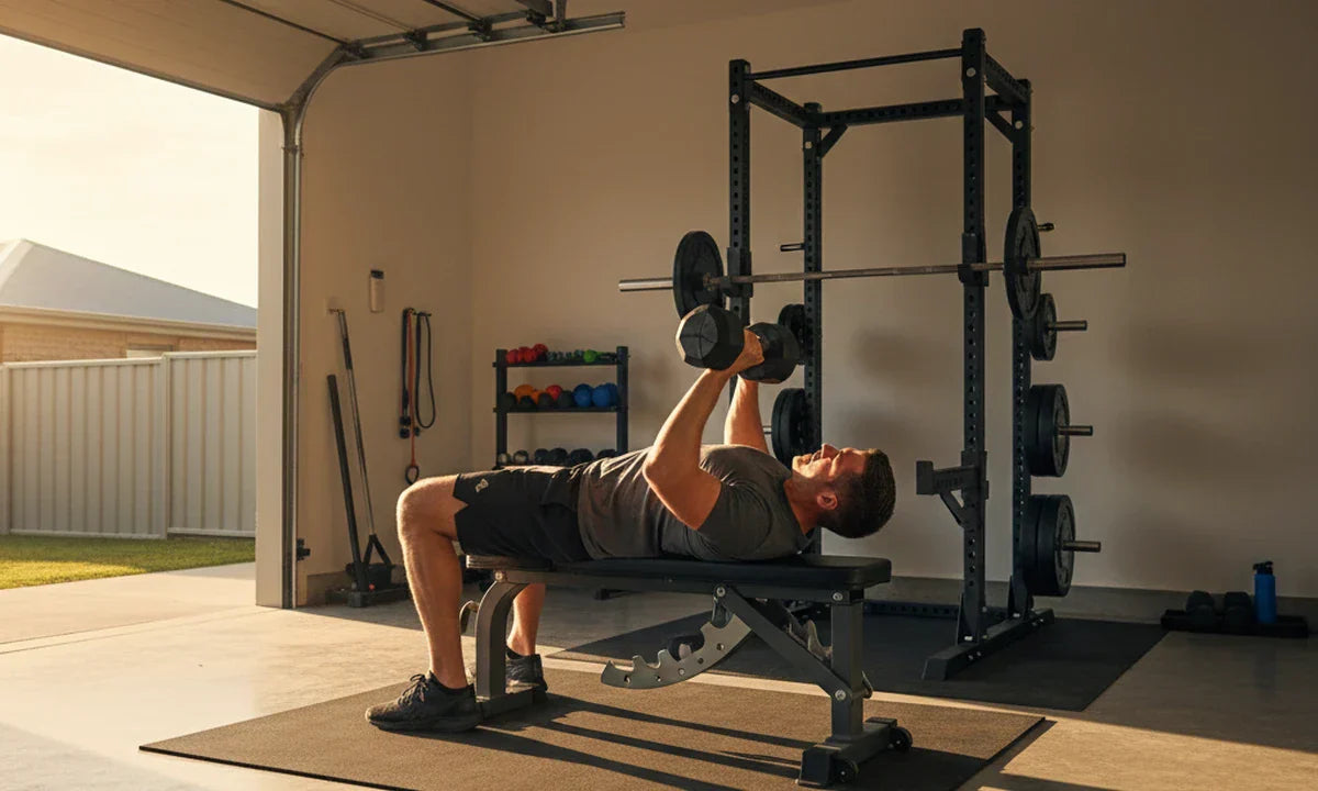 Lifter mid-rep on a dumbbell incline press on an FID weight bench in a bright Australian home garage gym.