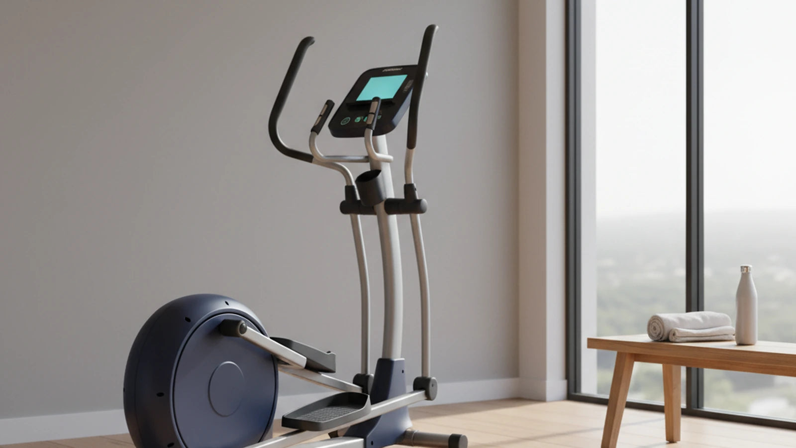 Cross trainer in a sunlit Australian home gym with a long pedal path, dual handlebars and a tablet shelf on the console