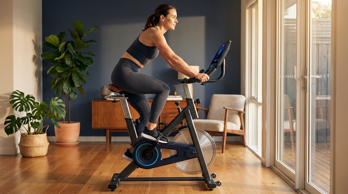 Woman riding an upright exercise bike in a sunlit Australian home gym, side-on view