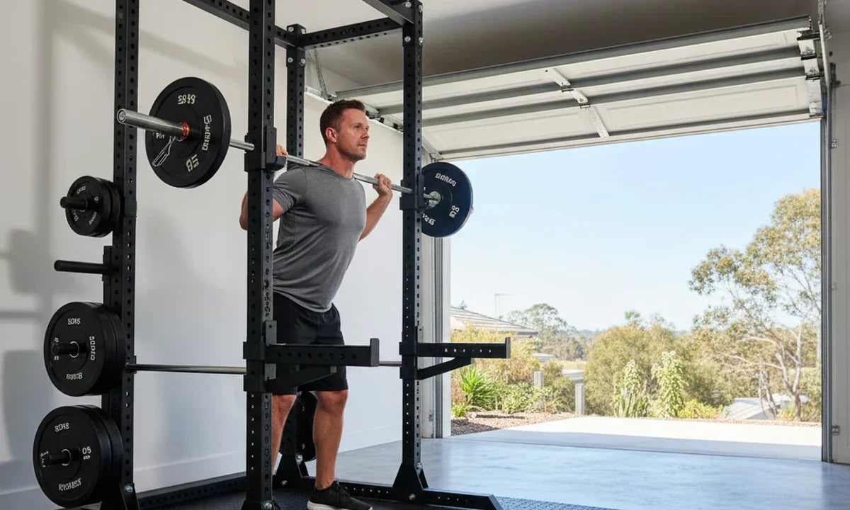Athlete mid-rep on a back squat inside a power rack with safety bars set in a bright Australian home gym.