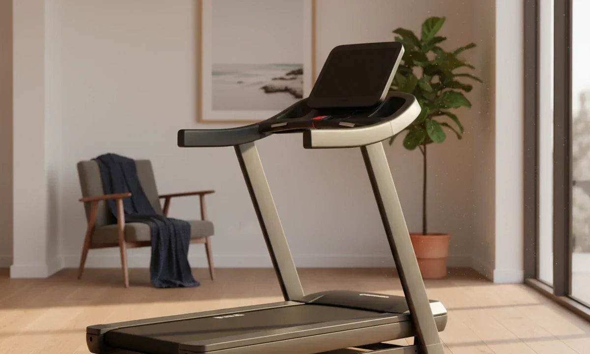 A modern home treadmill in a sunlit Australian living room with navy throw, terracotta planter and coastal landscape print, by Adela Ledvinkova.