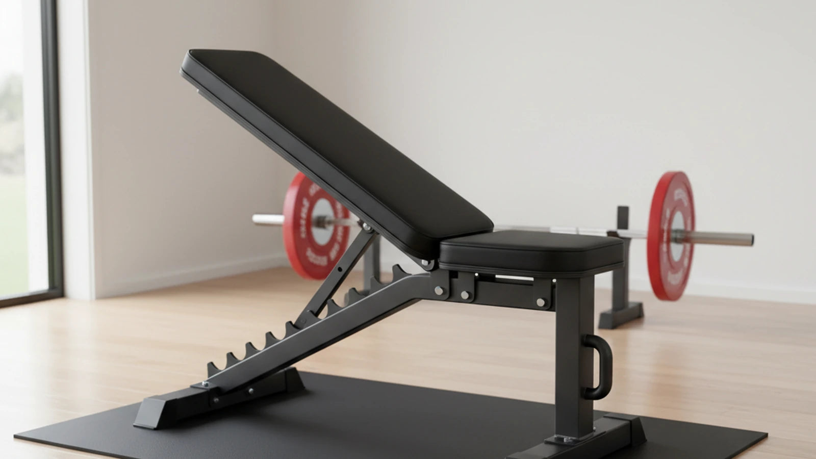 Adjustable FID weight bench set to a 30-degree incline in a modern Australian home gym, with an Olympic barbell and red bumper plates resting on a low rack behind.