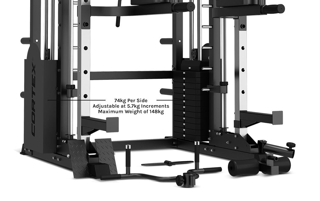 CORTEX SM25 Multi Gym showcasing its Dual 74kg Weight Stack System, ideal for tailored home workouts.