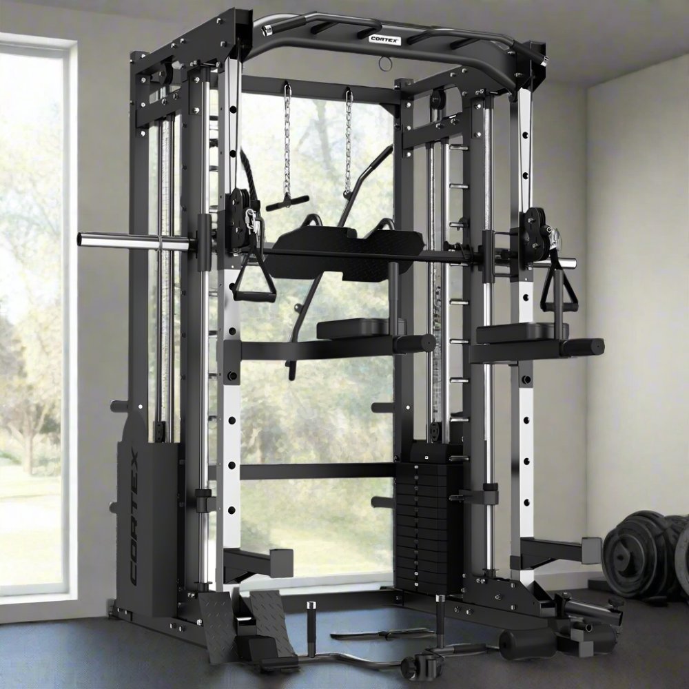 CORTEX SM25 Multi Gym featuring a sturdy steel frame, adjustable weight stacks, multiple attachment points for varied workouts, and accessories for strength training, ideal for home gyms and fitness enthusiasts.