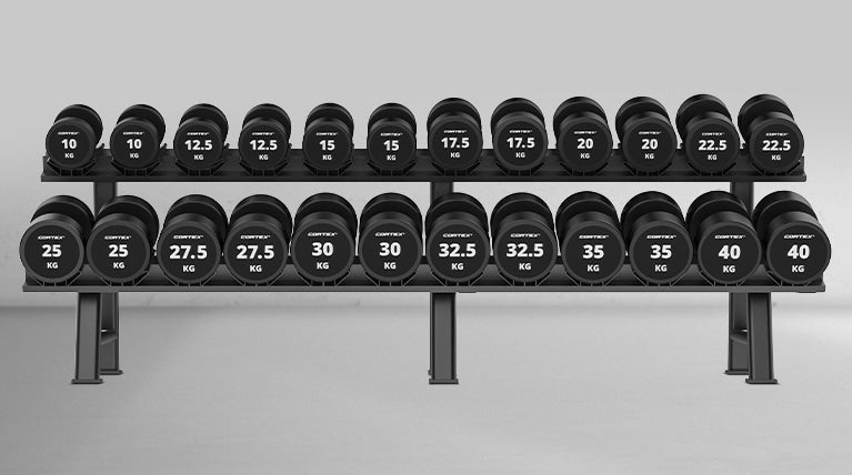 Cortex 575kg Pro Dumbbell Set 10kg-40kg (12 Pairs) with Two-Tier Rack