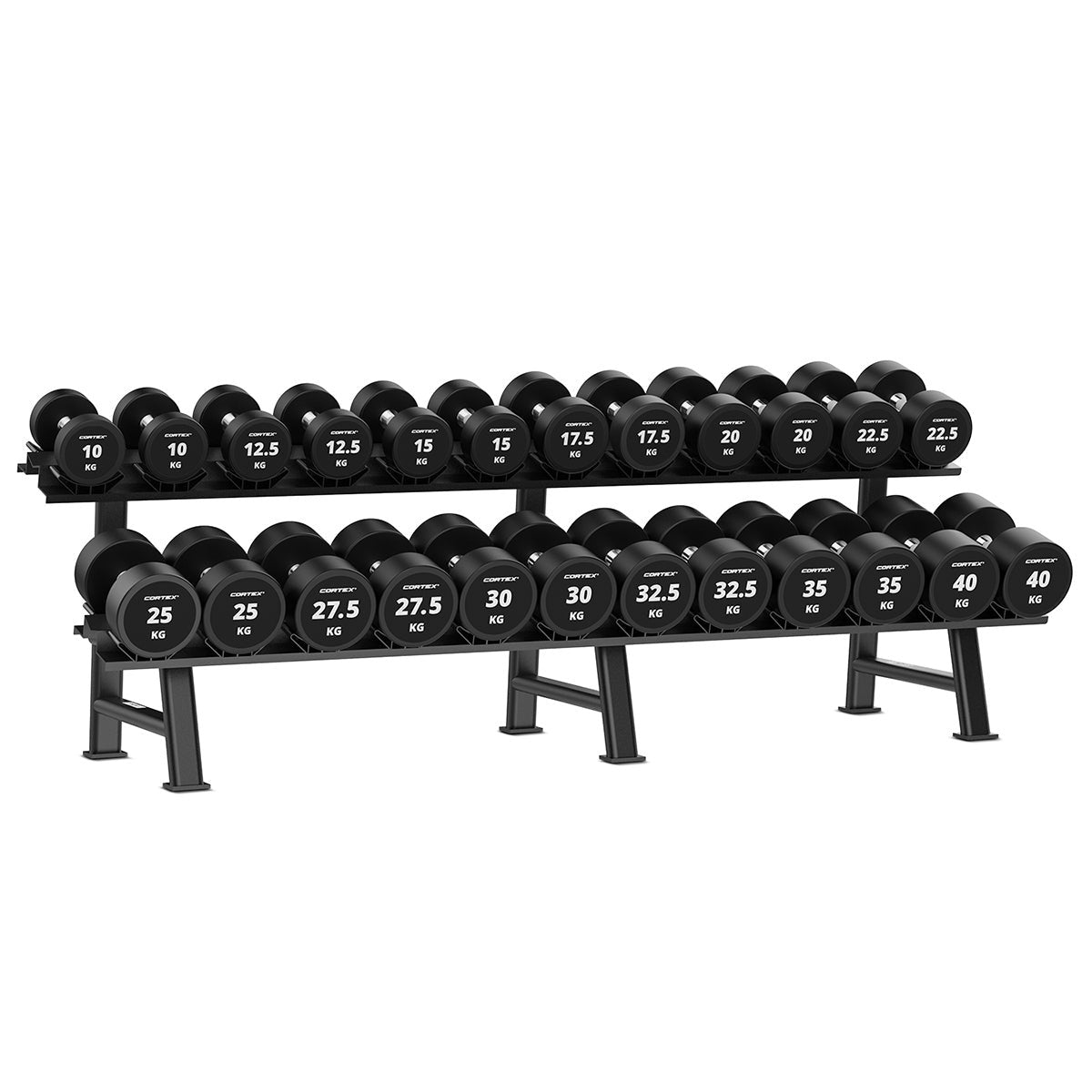 Cortex 575kg Pro Dumbbell Set 10kg-40kg (12 Pairs) with Two-Tier Rack