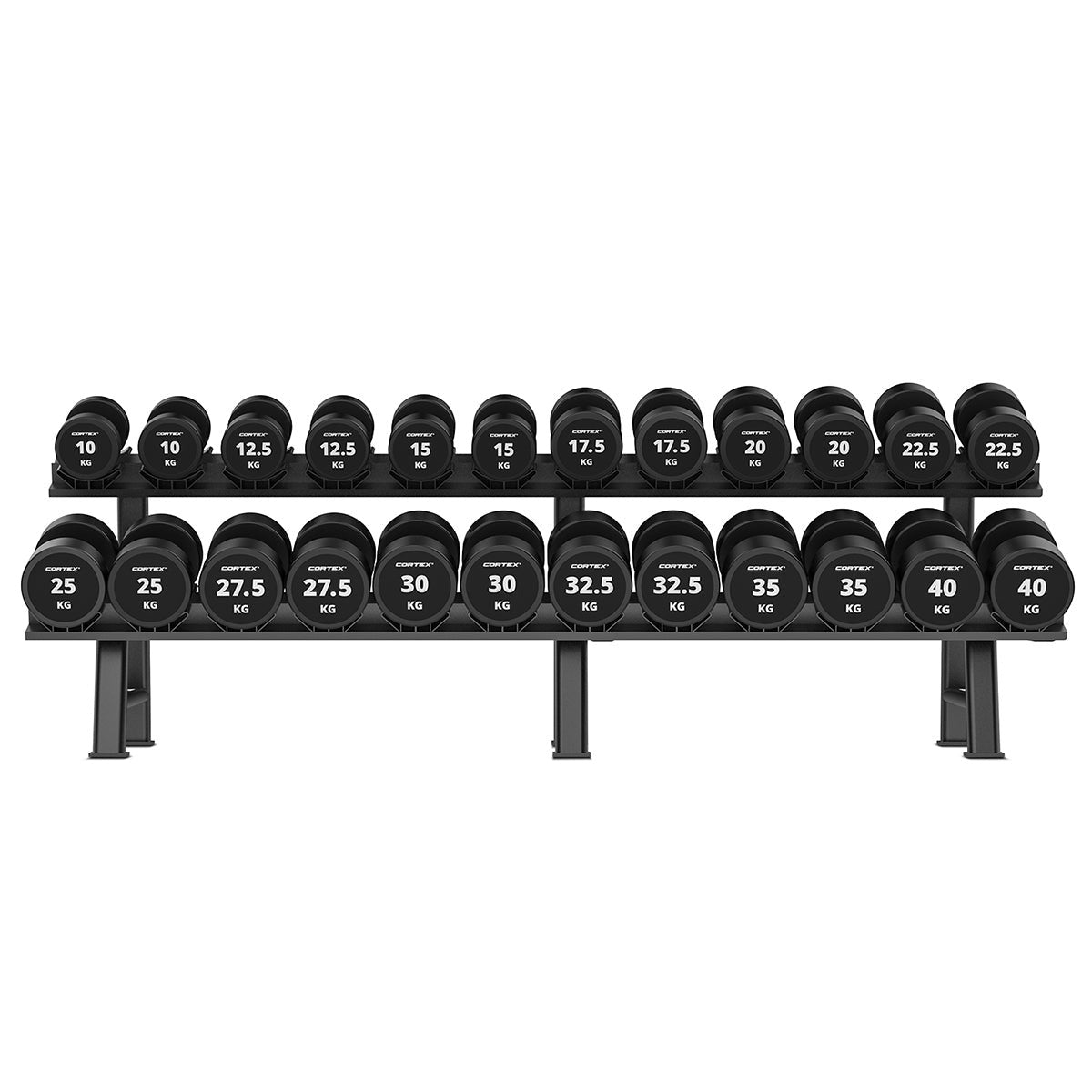 Cortex 575kg Pro Dumbbell Set 10kg-40kg (12 Pairs) with Two-Tier Rack