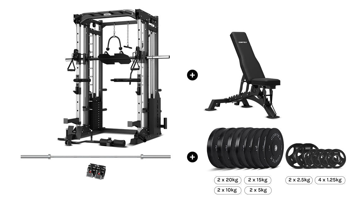 CORTEX SM-25 6-in-1 Power Rack with Smith and Cable Machine, BN-9 Bench, 100kg Olympic Weight Plates, and Barbell, perfect for home fitness and strength training.