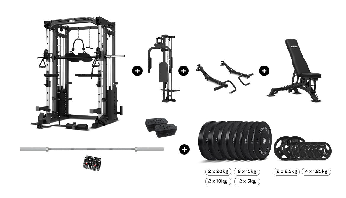 CORTEX SM-25 6-in-1 Power Rack with Smith and Cable Machine, BN-9 Bench, 100kg Olympic Weight Plates, and Barbell, perfect for home fitness and strength training.