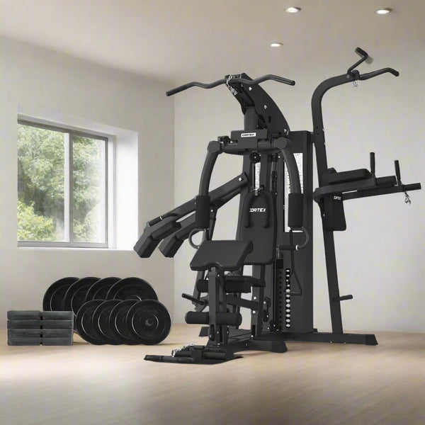 Cortex GS7 Multi-Station Home Gym features power tower, squat press, and 73kg weight stack for comprehensive strength training at home.
