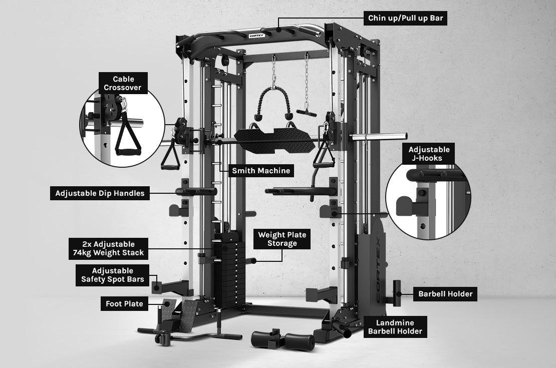 CORTEX SM-25 6-in-1 Power Rack showcasing Smith machine and cable system for versatile home workouts