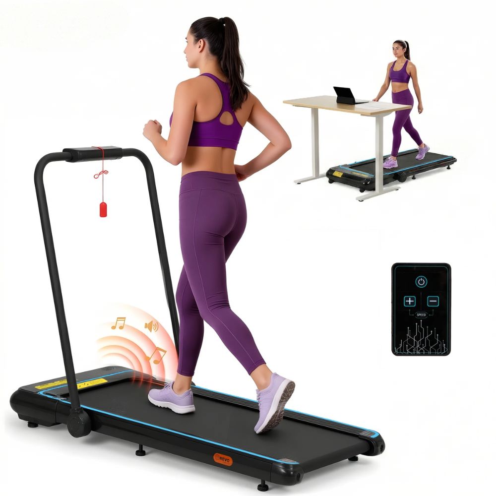 Compact Everfit treadmill for home use, featuring a foldable design and safety features.