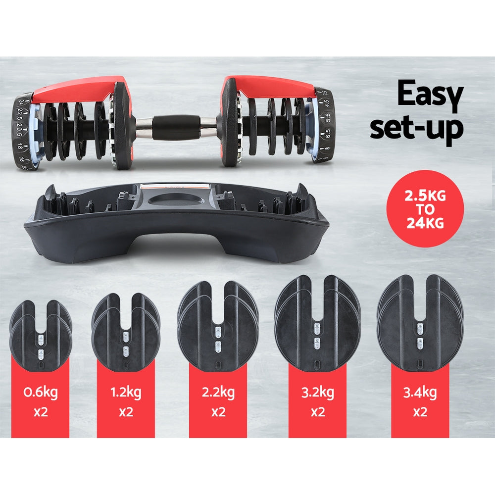 Close-up of Everfit 24kg Adjustable Dumbbell showing the weight plates and adjustment mechanism for various workouts.