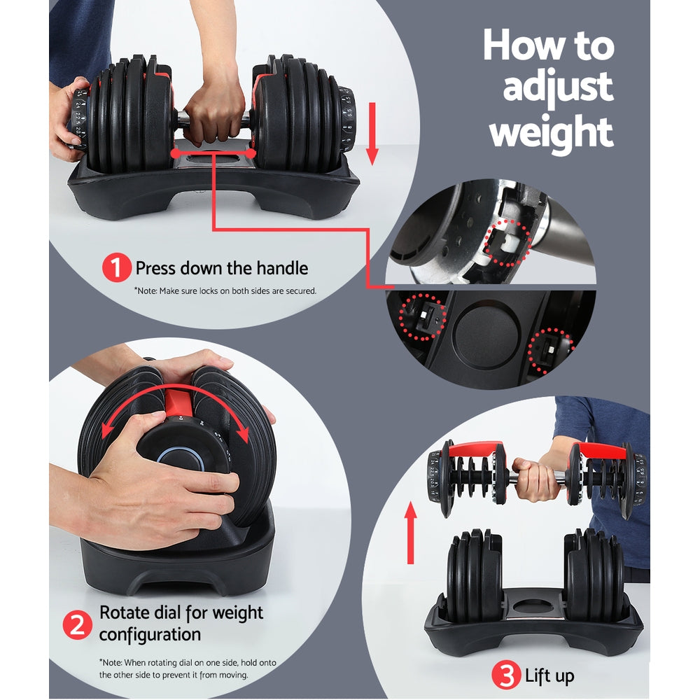 Everfit 24kg Adjustable Dumbbell with easy weight adjustment dial, enhancing workout efficiency.