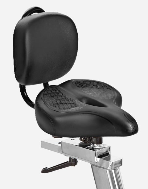 Lifespan Fitness Extra Support Spin and Exercise Bike Saddle featuring a padded seat and back support, designed for enhanced comfort during indoor cycling workouts.