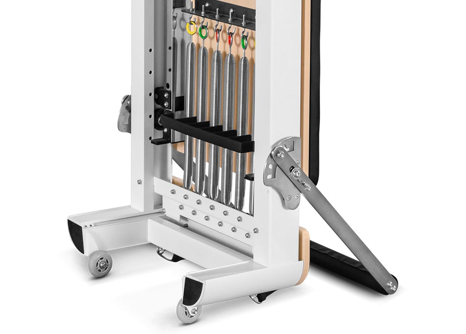 Close-up of Lifespan Fitness Contour Pro Aluminium Reformer Set, featuring padded headrest, adjustable resistance straps, and sturdy construction, ideal for Pilates enthusiasts seeking strength and flexibility training.