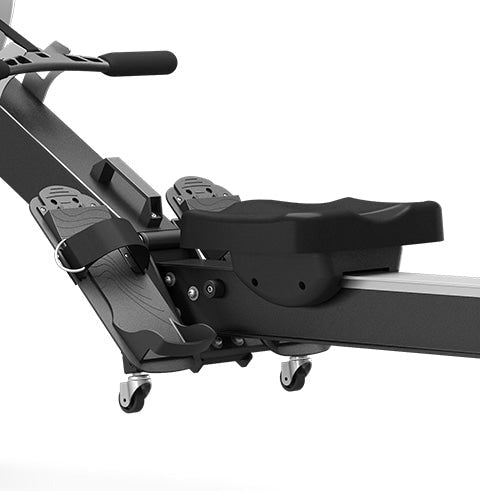 Lifespan Fitness ROWER-801F Air & Magnetic Commercial Rowing Machine in a bright room, featuring a woman using the machine for a full-body workout, highlighting its adjustable resistance and ergonomic design.
