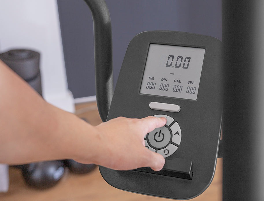 Close-up of the Lifespan Fitness Corsair FreeRun 105 Curved Treadmill console, featuring a digital display and control buttons for tracking time, distance, calories, and speed.