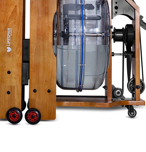 Lifespan Fitness ROWER-760 Foldable Water Rowing Machine console displaying workout metrics like time, distance, and strokes for efficient home fitness training.