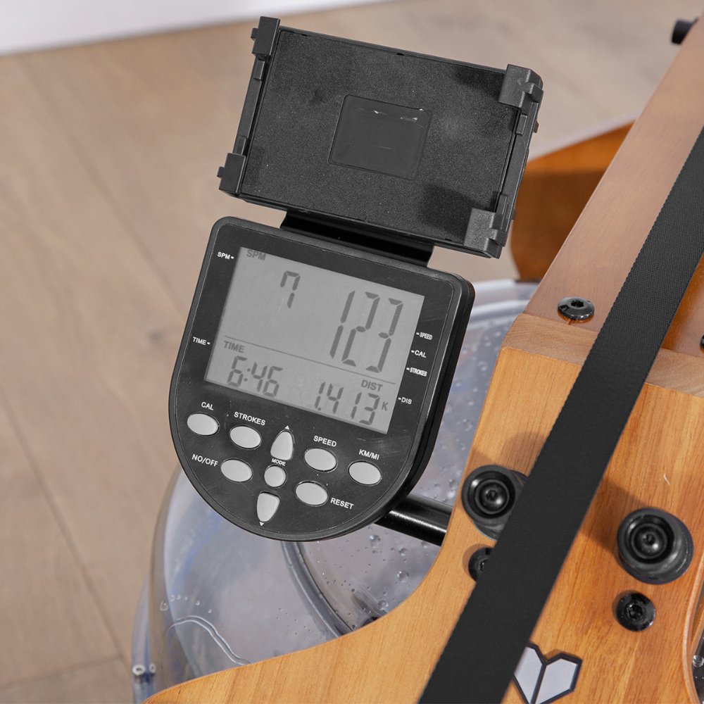 Close-up of Lifespan Fitness ROWER-760 with ergonomic seat and oak frame