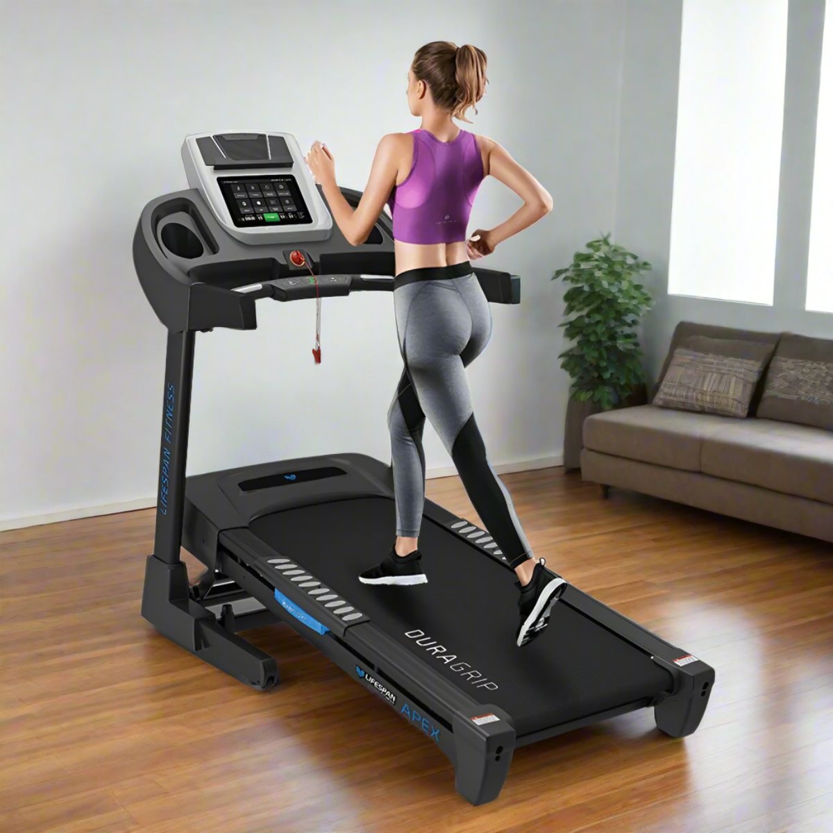 Lifespan Fitness Apex 2 Treadmill featuring a sleek design, user-friendly control panel, and DuraGrip surface for optimal stability and comfort during workouts.