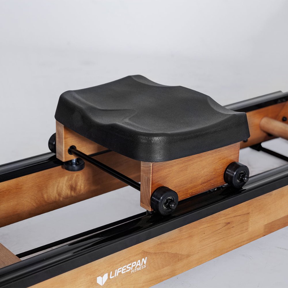 Lifespan Fitness ROWER-760 foldable water rowing machine featuring a sleek wooden design, water resistance system, and adjustable footplates, ideal for home fitness enthusiasts seeking a full-body workout.