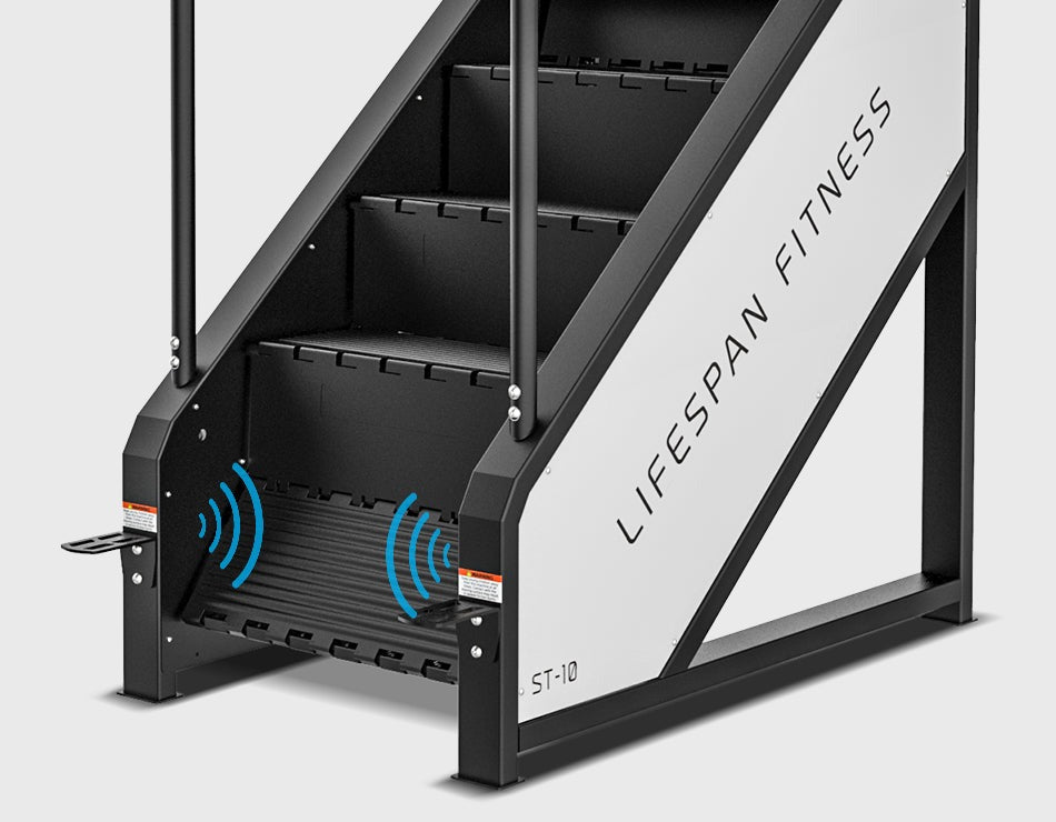 Lifespan Fitness ST-10 stair climber with three adjustable levels, designed for intense cardio workouts and home fitness, featuring sturdy handrails and an advanced console for tracking fitness metrics.