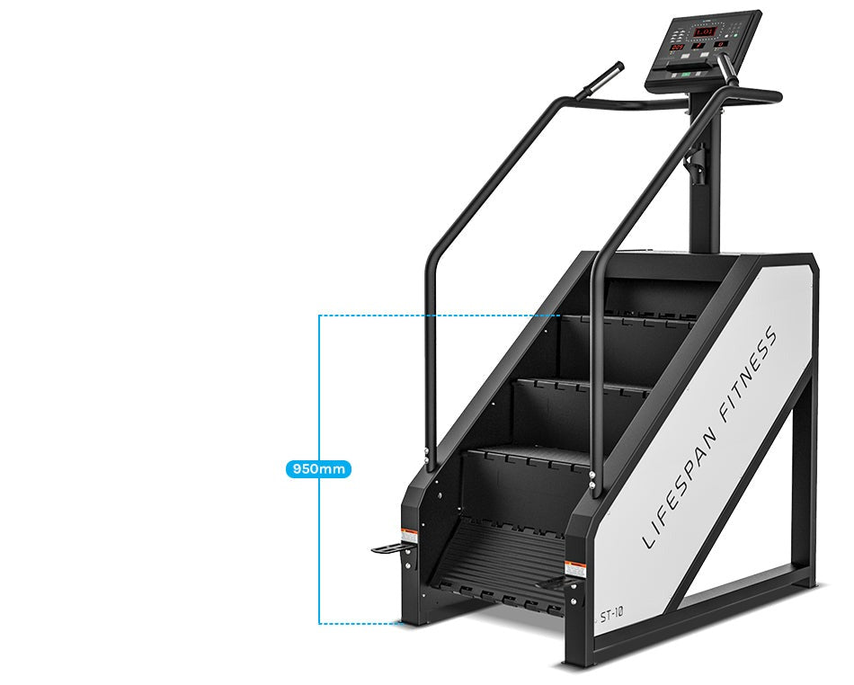 Lifespan Fitness ST-10 stair climber control panel showcasing workout programs, time, pulse, and calorie tracking features for effective indoor cardio fitness.