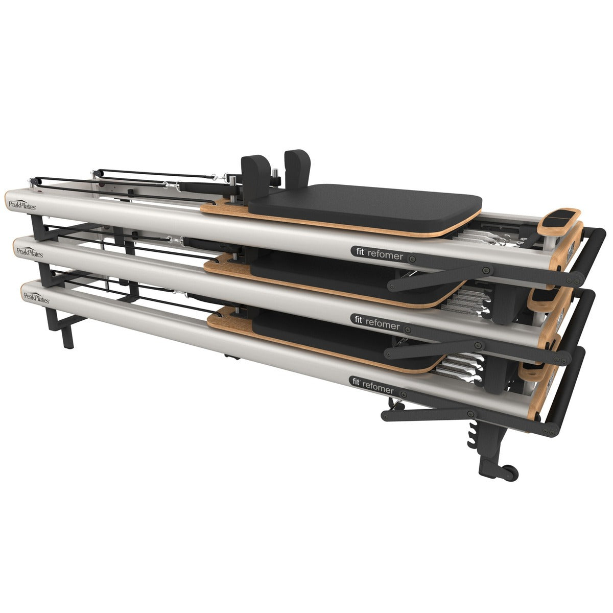 Peak Pilates fit™ Reformer with integrated transport wheels and stackable design for space efficiency.