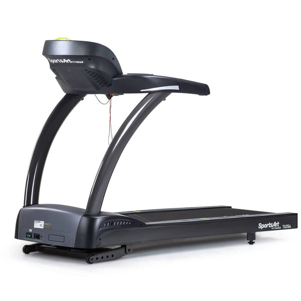 Side view of the SportsArt T635A Treadmill showcasing its sleek design and branding.