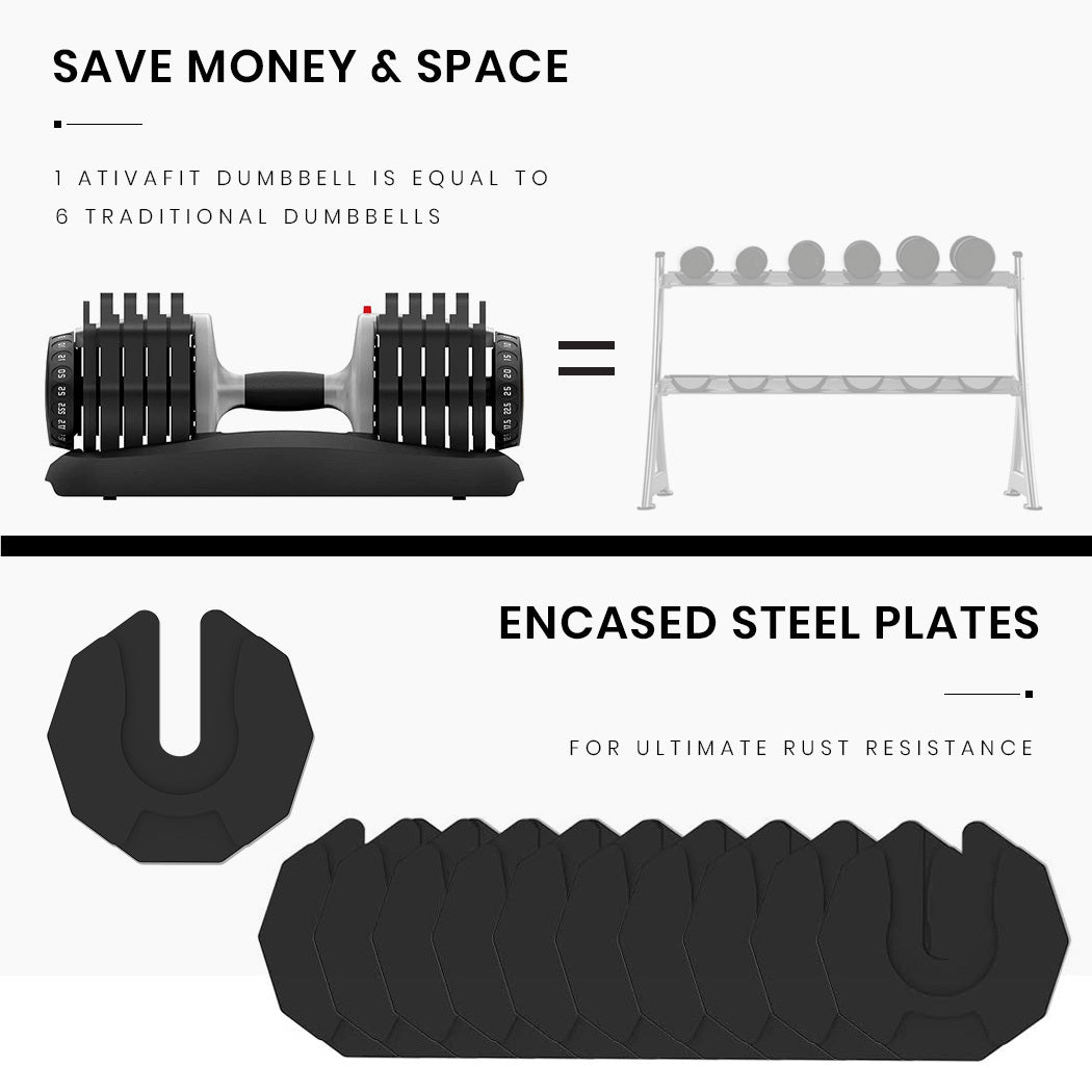 ATIVAFIT 25kg Adjustable Dumbbell Set (Pair) with Stand