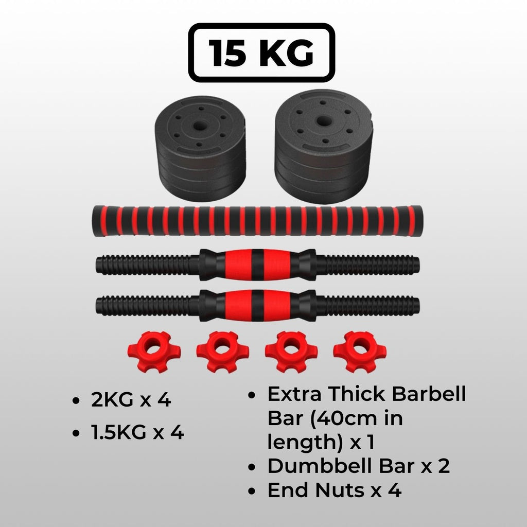 VERPEAK Adjustable Rubber Dumbbell/Barbell Set 15kg