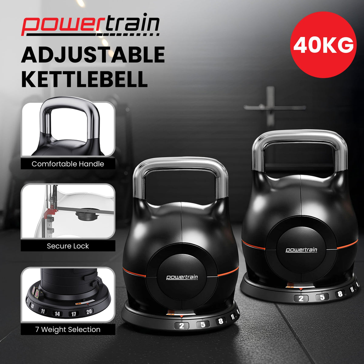 Powertrain 2 x 20kg Adjustable Kettlebell (Pair)