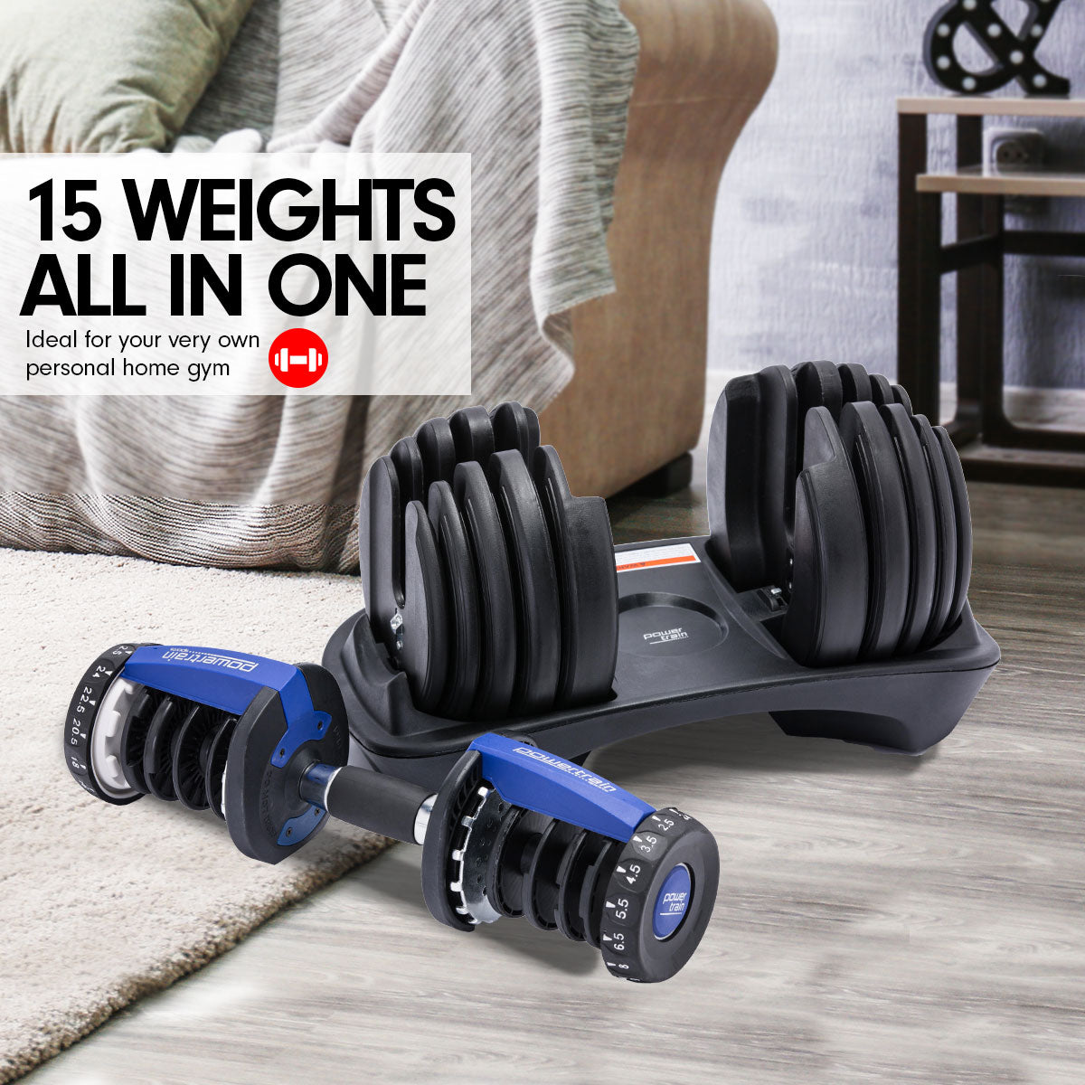 Powertrain 48kg Adjustable Dumbbell Set With Stand - Blue