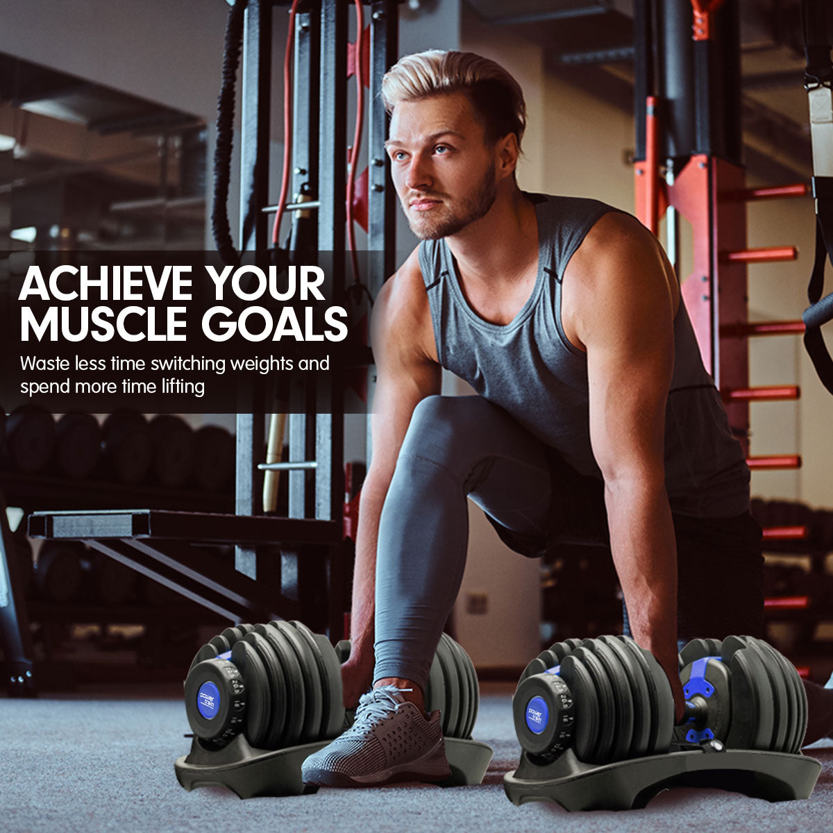 Powertrain BF1 48kg Adjustable Dumbbell Set With Stand (2 x 24kg) - Blue
