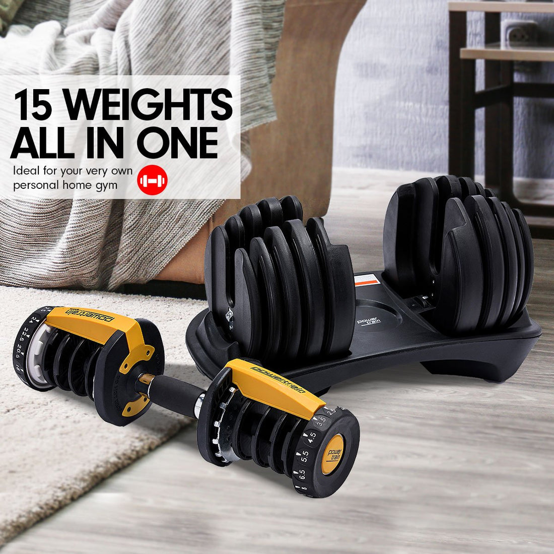 Powertrain BF1 48kg Adjustable Dumbbell Set With Stand (2 x 24kg) - Gold